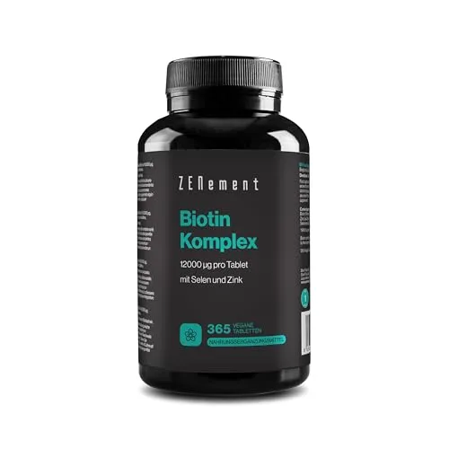 Biotin 12.000 mcg Hochdosiert mit Zink und Selen – 365 Vegane Tabletten (Jahresvorrat) – Vitamine für Haare, Haut und Nägel – Biotin Complex von Zenement