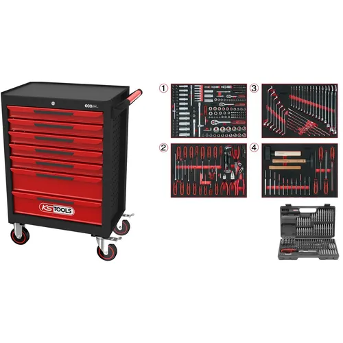 KS-Tools Werkzeugwagen ECOline 515-teilig, rot - Werkzeugschrank mit 7 Schubladen, bestückt mit hochwertigem Chrom-Vanadium Werkzeug, ideal für Profis und Heimwerker. Zentrale Verriegelung und rutschfeste Einlagen sorgen für Sicherheit und Ordnung.