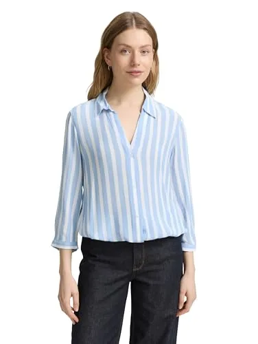 TOM TAILOR Damen Bluse 1047179 - Offwhite Blue Vertical Stripe, Größe 44 - Stylische gestreifte Bluse mit V-Ausschnitt und Kordelzug, ideal für lässige Looks. Aus leichtem Crincle-Style Viskosestoff für optimalen Tragekomfort.