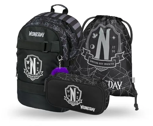 BAAGL Skate Wednesday Rucksack-Set 3tlg: Rucksack, Federmäppchen, Turnbeutel - Schulrucksäcke mit ergonomischem Design, ideal für Skate-Fans. Inklusive Rucksack mit Laptopfach und reflektierenden Elementen sowie einem stabilen Federmäppchen und einem praktischen Turnbeutel.