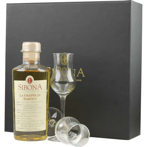 Sibona Grappa di Barolo Cassetto 0,5 Liter 40 % Vol. mit 2 Gläsern