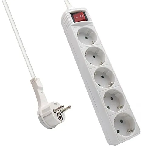 Ewent EW3955 Steckdosenleiste 5-fach mit Schalter und Kindersicherung, Save Space Plug/Flachstecker, Steckplätze 45 Grad gedreht, 1.5m Kabellänge, Weiß