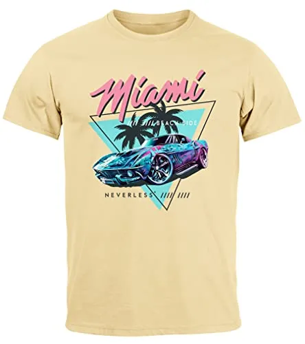Neverless® Herren T-Shirt Bedruckt Miami Beach Surfing Motiv USA Retro Automobil 80er Fashion Streetstyle Natur M