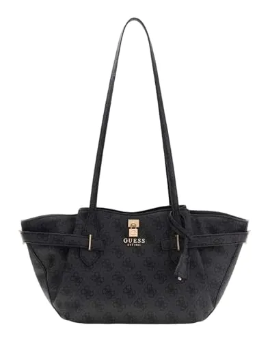 GUESS Schultertasche Yesba Girlfriend Satchel Bag Coal Logo dunkelgrau - Geräumige Schultertasche mit sicherem Zipper, elegantem Logo-Muster und goldfarbenen Akzenten. Komfortable Henkel und durchdachte Fächer sorgen für eine optimale Organisation und einfachen Zugriff auf Ihre Essentials.
