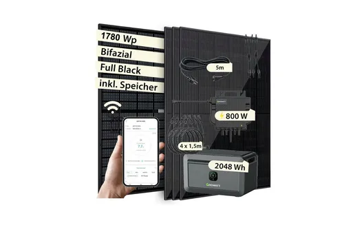 VALE intelligentes Solaranlage Set Bifazial mit Growatt Speicher & Wechselrichter - Balkonkraftwerk mit bifazialen Full-Black-Solarmodulen und Growatt Wechselrichter. Effiziente Energieerzeugung mit App-Steuerung für optimale Nutzung. Plug & Play-Installation für einfache Inbetriebnahme.