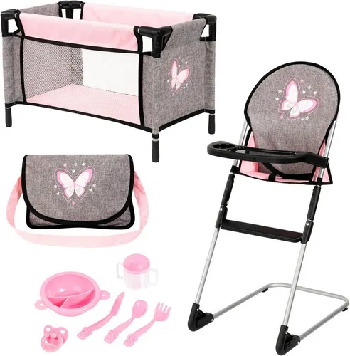 Bayer Puppenbett Puppen-Reisebett 9tlg Set - Puppenbett und Hochstuhl für Puppen bis 42 cm, mit praktischer Tasche und umfangreichem Zubehör für kreative Rollenspiele.