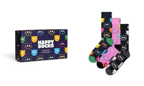 Happy Socks Unisex 3-Pack Mixed Cat Gift Set Socken - Bunte Sportsocken im 3er Set, ideal als Geschenk und mit kuscheligem Tragekomfort für jede Jahreszeit.