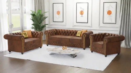 S-Style Chesterfield Anton Polstergarnitur 3+2+1 - Couchgarnituren mit Vintage Optik aus Mikrofaser, vereint Komfort und Stil. Ideal für elegante Wohnräume, bietet diese Garnitur auch akribische Handwerkskunst mit goldfarbenen Metallnieten.
