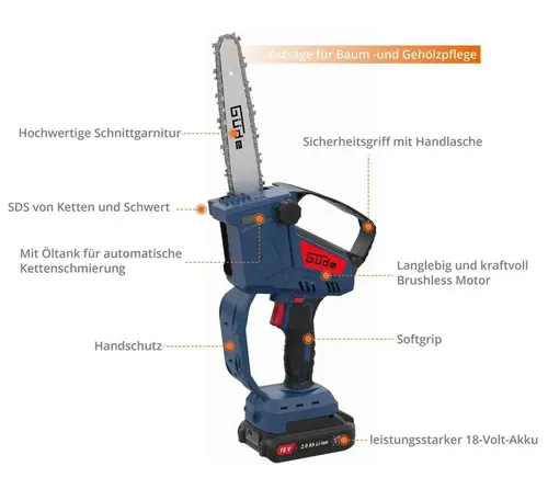 Güde Akku-Kettensäge Minikettensäge GMK 18 mit Akku 2.0 Ah - Kettensägen – leistungsstarke Einhandsäge mit Brushless Motor für längere Laufzeit und ergonomischem Softgriff, ideal für präzises Beschneiden und Gehölzpflege.