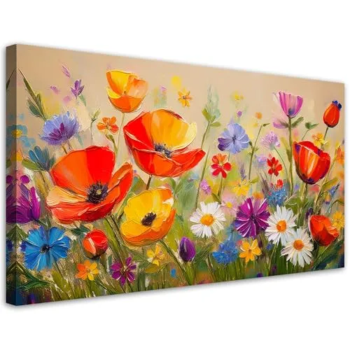 Feeby Bilder - Foto Geschenk - Mohnblumen Bunte Blumen auf Wiese - 120x60 1tlg - Leinwandbilder Wohnzimmer - Wandbild über dem Bett - Bild Schlafzimmer - Aesthetic Zimmer Deko - Modern Pictures