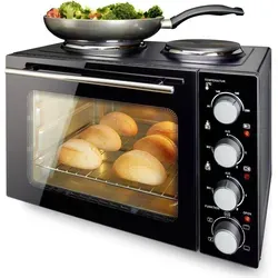 Emerio Mini Backofen 32L mit 2 Kochplatten - Mini-Backofen mit 32L und 2 Kochplatten, ideal für kleine Küchen. Kompakt und leistungsstark mit 1000 W für vielseitiges Kochen und Backen.