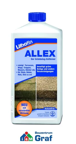 LITHOFIN Allex Grünbelag-Entferner 1,0 Liter - Flüssigreiniger für Außenflächen, hochwirksames Konzentrat zur effektiven Entfernung von Grünbelägen und Algen.