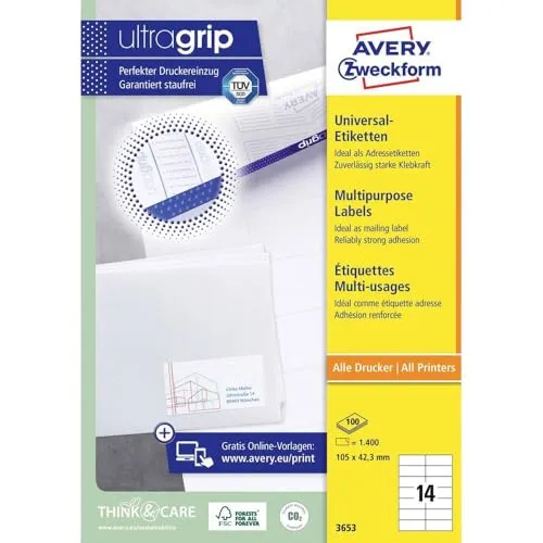 AVERY Zweckform 6136 Adressaufkleber (350 plus 70 Klebeetiketten extra, 105x42,3mm auf A4, Papier matt, bedruckbare Absenderetiketten, selbstklebende Adressetiketten mit ultragrip) 30 Blatt, weiß