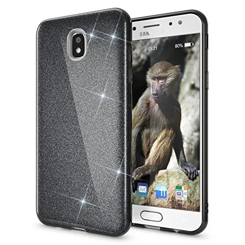 NALIA Handyhülle kompatibel mit Samsung Galaxy J5 2017 (EU-Modell), Glitzer Slim Silikon-Case Back-Cover Schutzhülle, Glitter Sparkle Bumper, Dünnes Bling Strass Smart-Phone Etui, Farbe:Schwarz