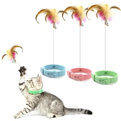 JJW 3Stk Interaktives Katzenspielzeug mit Federn und Glocken, Katzenspielzeug Set für Kätzchen und Katzen, Federspielzeughalsband für Katzen, um Sich zu unterhalten