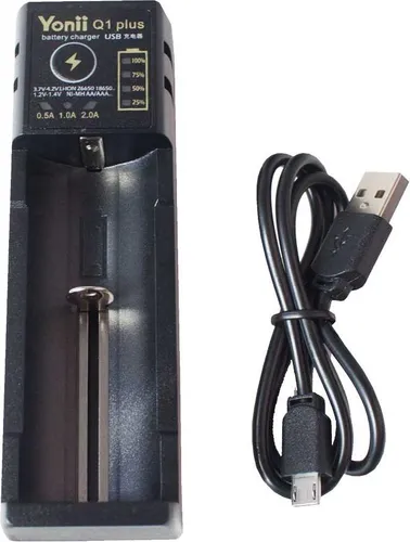 Professor Optiken Universal-Ladegerät für Lithium-Ionen-Akkus und Ni-MH/Ni-Cd-Akkus (CR123A, 16650, 18650), 0,5-2A, 1-Fach, mit Powerbank-Funktion