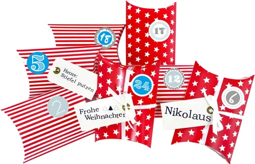 Frau WUNDERVoll® DIY Adventskalender zum Befüllen Christkind: Set 178, Kissenschachteln 15x11x4,5cm rot Sterne und Streifen, Ziffern blau