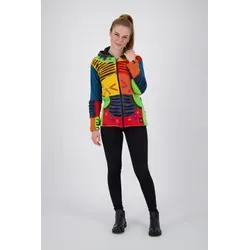 Ankerglut Damen Patchwork Fleecejacke mit Kapuze - Funktionsjacken, handgefertigte Outdoor Jacke aus Nepal mit Kontrast Patches und leicht taillierter Passform – ideal für Übergangszeiten und stylische Auftritte.