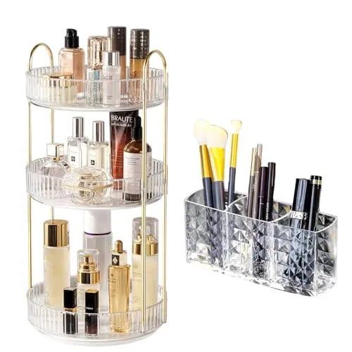 Mapille Make Up Organizer, 360° Drehbar Kosmetik Organizer, 3 Stöckige Multifunktionaler Kosmetik Aufbewahrung und Eyeliners Organizer Becher, für Kommode Schminktisch Schlafzimmer Badezimmer