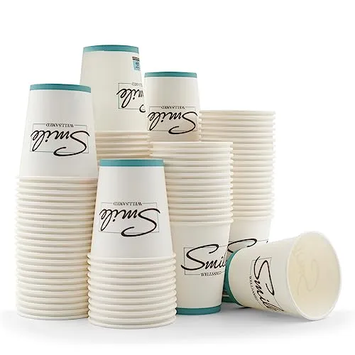 Wellsamed WELLSACUP 1000 Stück Pappbecher 180 ml, Motiv Smile Typografie, geeignet für Heiß- und Kaltgetränke, Coffee to Go, Business, Party