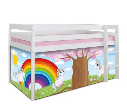 TiCAA Hochbett Einhorn Rainbow Kiefer weiß - Betten für Kinder, aus massiver Kiefer mit kinderfreundlichem Wasserlack und wahlweise montierbarer Leiter. Inkl. farbenfrohem Rainbow-Vorhang für ein traumhaftes Spielzimmer.