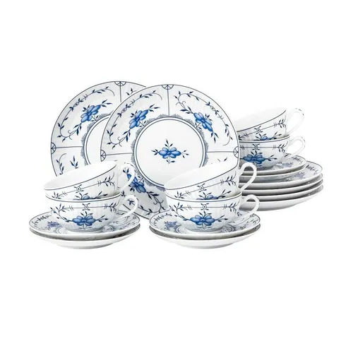Seltmann Weiden Teeservice Geschirr-Set, 18 Teile, Amina Strohblume - 18-teiliges Teeservice aus hochwertigem Porzellan für 6 Personen, mit hitzebeständigen, spülmaschinengeeigneten Teilen und elegantem Strohblumen-Motiv in Blau und Weiß.