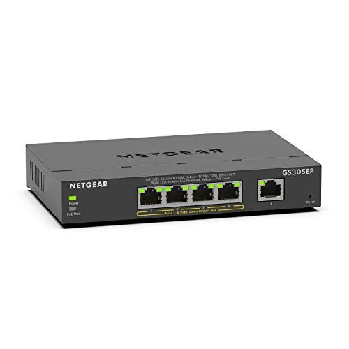 NETGEAR 5 Port Gigabit Ethernet Smart Managed Plus PoE Switch (GS305EP) - mit 4 x PoE+ @ 63W, Desktop/Wandhalterung