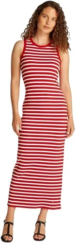 Tommy Hilfiger Damen Kleid Midi Dress Slim Fit, Mehrfarbig (Primary Red/Ecru STP), XS