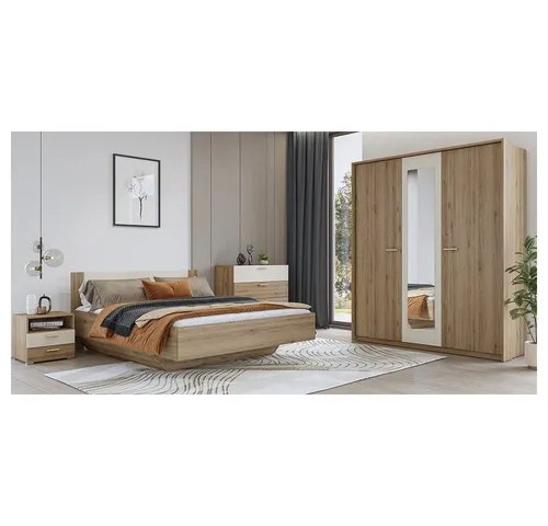 Lomadox Schlafzimmer-Set VARESE-83, (Spar-Set, 4-tlg., Bettgestell Kommode Nachtkommode Kleiderschrank Passepartout Rahmen), Eiche mit beige 160x200cm Liegefläche modern Griffe goldfarben