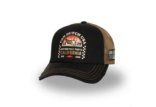 Von Dutch Trucker Cap - CALIFORNIA Motorrad Teile schwarz - Stilvolle Trucker Cap aus 50% Baumwolle und 50% Polyester für einen komfortablen Sitz. Mit ikonischem Von Dutch Motorrad Print und praktischem Button-Strap-Verschluss. Ideal für den Alltag und Freizeitaktivitäten.