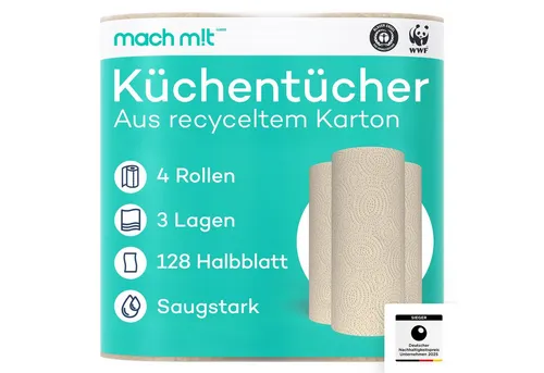 Küchenrolle 3-lagig - 128 Halbblatt pro Rolle, umweltfreundlich - Hygieneartikel, nachhaltig und extrem saugfähig dank innovativem Herstellungsverfahren, frei von Bleichmitteln und aus recyceltem Karton.