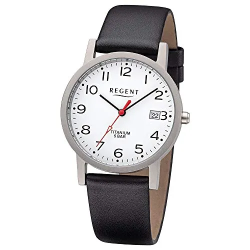 Regent Herren Analog Quarz Uhr 11190181 - Armbanduhren für Herren mit elegantem Lederarmband, Titan-Gehäuse, Datumsanzeige und 5 bar Wasserdichtigkeit – ideal für den täglichen Gebrauch.
