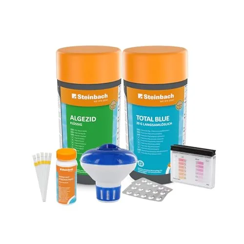 Steinbach Poolpflege Starter Set - Chlor-Set für kristallklares Poolwasser, inklusive Dosierschwimmer, 20g Algezid und 50 Teststreifen für pH-Wert und Chlor, ideal zur einfachen Wasserkontrolle.