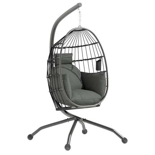 Outsunny Hängesessel - Schwarz, 120Lx88Wx192Hcm - Hängesessel für höchsten Komfort im Freien mit klappbarem Korb, verstellbarer Kette und dickem Polster für weiche Bequemlichkeit. Ideal zum Entspannen und Genießen!