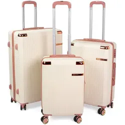 Premium Kofferset aus ABS – 3-teilig – leicht & kratzfest, robust 360° Doppelrollen, Zahlenschloss, Teleskopgriff, Roségold-Design Premium Re... - Beige