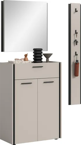xonox.home Garderobenkombination Emil in Kaschmir Melamin - Moderne Garderobenkombination (B/H/T: 142x190x37 cm) aus pflegeleichtem Kaschmir Melamin für Flur und Garderobe. Inklusive Kommode, Spiegel und Hakenpaneel für optimalen Stauraum und stilvolle Ordnung.
