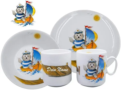Geschirr mit Namen / 3-tlg. Porzellan-Set / Robbe Boot / Seehund Segler