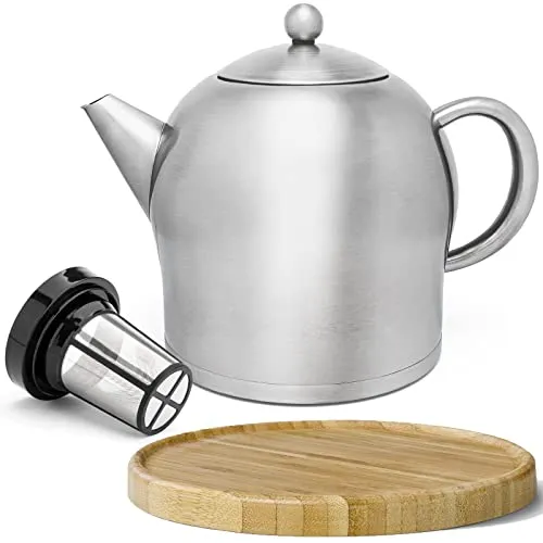 Bredemeijer große matte doppelwandige Edelstahl Teekanne 2.0 Liter & brauner Untersetzer aus Holz & Edelstahl Tee-Filter-Sieb-Aufsatz für losen Tee oder Teebeutel