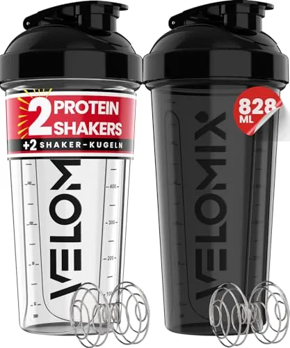 VELOMIX 2 Pack 828ml Shaker Proteinshake, Schwarz/Transparent | 2x Edelstahlkugel, Auslaufsicherer Eiweiß Shaker Becher für Protein Shaker, Spülmaschinenfest, Gym und Fitness