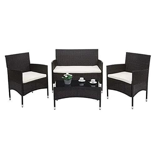 Poly-Rattan Garnitur HWC-F55, Balkon- und Garten-Lounge-Set - Gartenmöbel-Set für 4 Personen, mit wasserabweisenden Kissen für höchsten Sitzkomfort und eleganter Glasplatte. Ideal für entspannte Stunden im Freien.