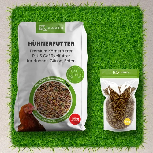 Hühnerfutter Bio Set 30kg – Premium & Schwarzkopfmaden - Das Hühnerfutter Bio Set 30kg bietet eine optimale Nährstoffversorgung für Ihre Geflügel. Mit hochwertigem Bio-Geflügelfutter und proteinreichen Schwarzkopfmaden für gesunde Entwicklung und Leistung. Einfach zu lagern und lange haltbar.