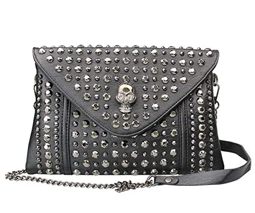 FiveloveTwo Punk Clutch Handtaschen für Frauen Damen Niet Kette Umhängetasche Schultertasche Kleines PU-Leder Henkeltasche Shopper Shoulder Bag Black