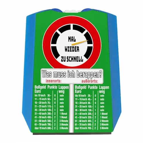 speecheese Zu schnell gefahren Bußgeld Parkscheibe in grün mit Straßenschild Motiv mit Eiskratzer Wasserabstreifer und Einkaufswagen-Chips für Fahranfänger mit Führerschein um den Überblick