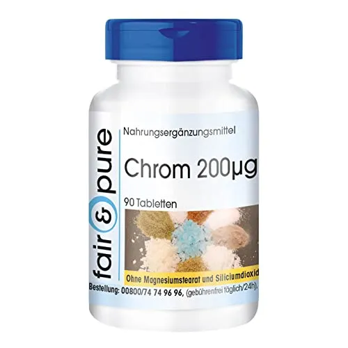 Fair & Pure Chrom 200µg, 90 Tabletten, aus Chrompicolinat, Nahrungsergänzungsmittel vegan ohne Magnesiumstearat, in Deutschland hergestellt
