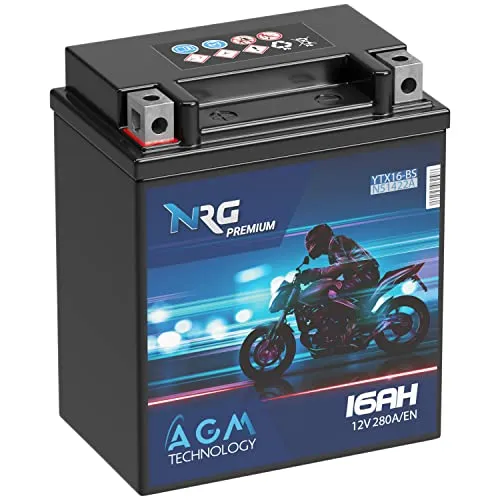 NRG Premium YTX16-BS AGM Motorradbatterie 16Ah 12V - Hochleistungs-Motorradbatterie mit AGM-Technologie, wartungsfrei und kipp- sowie auslaufsicher. Ideal für intensive Startvorgänge dank bis zu 30% mehr Startleistung.
