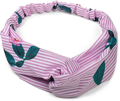 Produktbild styleBREAKER Damen Haarband gestreift mit Twist Knoten, Blumen und Gummizug, Stirnband, Headband, Haarschmuck 04026013, Farbe:Rosa-Weiß