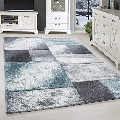 SIMPEX Kurzflor Teppich, Kariert Design, Teppich Blau, 80 x 150 cm, Läufer, Moderner Stil, Wohnzimmer