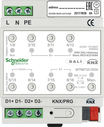 APC Schneider Electric KNX DALI-Gateway Basic REG-K/2/16/64 - Bediengeräte & Interfaces, verbindet KNX Bus mit 2 DALI-Ausgängen, steuert bis zu 64 EVGs in 16 Gruppen und ermöglicht individuelle Lichtsteuerung.