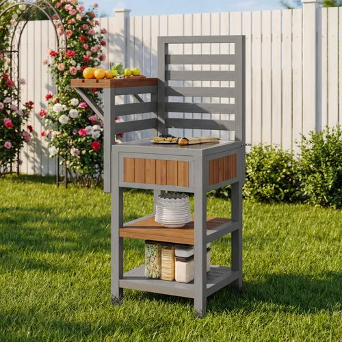 MODFU Outdoor Gartenschrank mit Edelstahl-Arbeitsfläche - Praktischer Geräteschrank mit doppeltem Regal und robuster Edelstahl-Arbeitsfläche. Ideal für die Aufbewahrung von Grillzubehör und Gartenwerkzeugen. Perfekt für Balkon, Garten oder Terrasse.