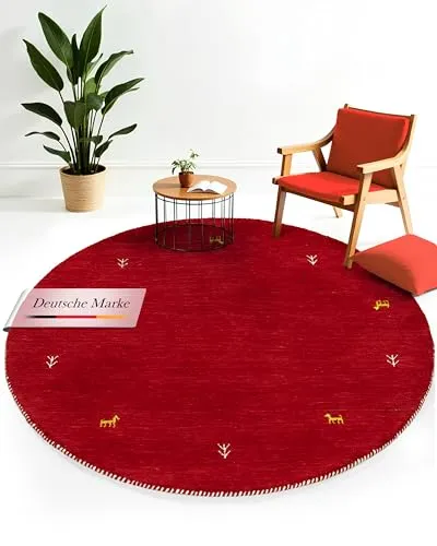 carpetfine Wollteppich Gabbeh Uni Rund Rot Ø 200 - Teppich für Wohn- und Schlafzimmer, aus 100% Wolle, langlebig und pflegeleicht, ideal für Fußbodenheizung und schafft eine behagliche Atmosphäre.